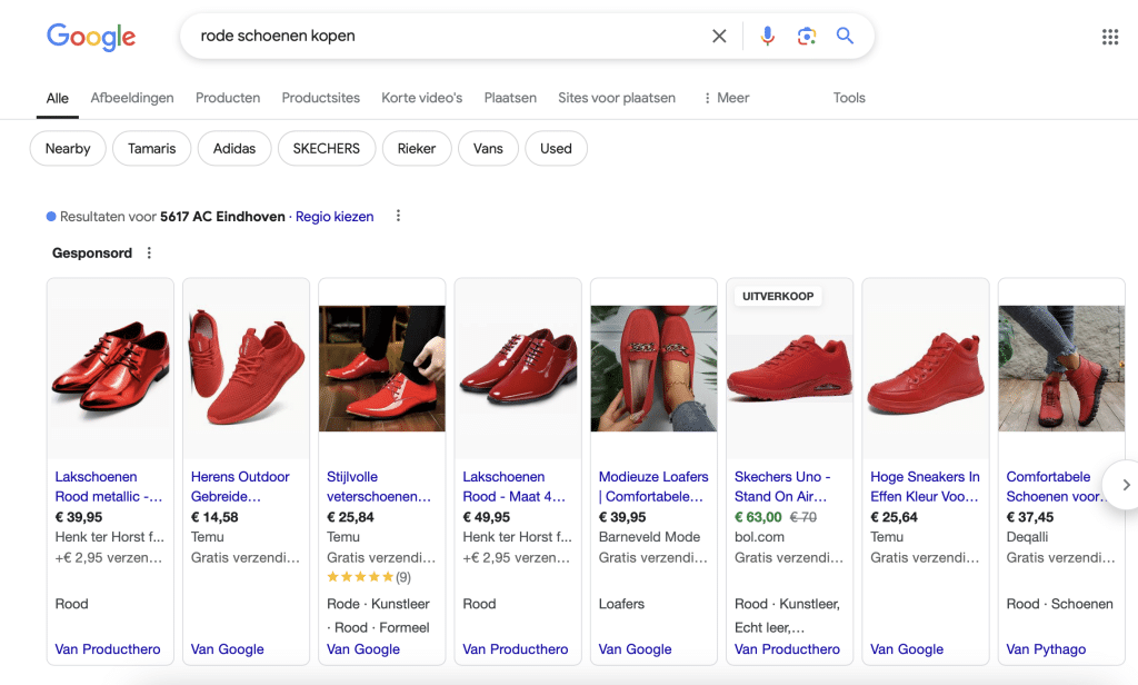 Online zoeken rode schoenen kopen Google Shopping overzicht - JKC