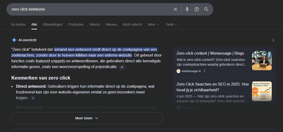 Voorbeeld van een zero-click zoekresultaat in Google